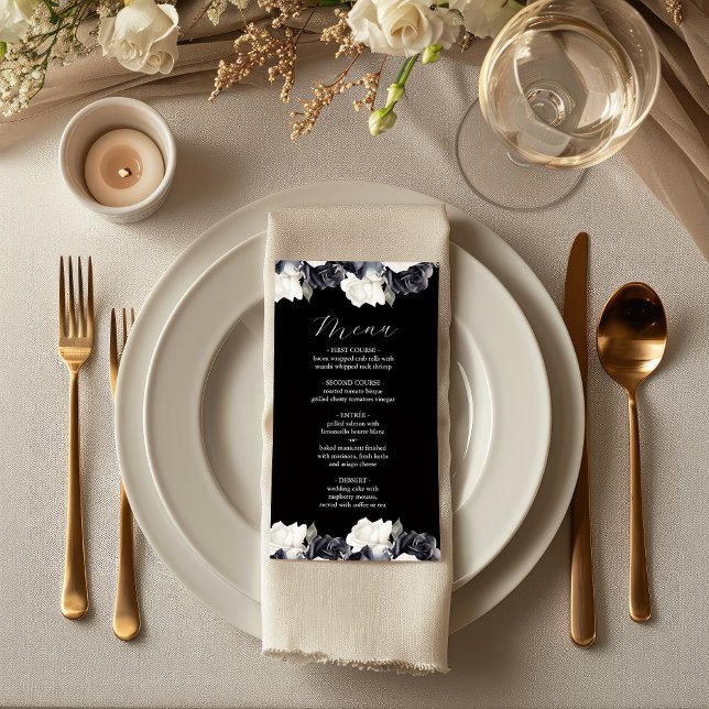 Menu Casamento Floral Branco e Preto Elegante (Criador carregado)