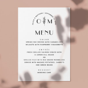 Menu Casamento Floral Branco e Preto Moderno Minimali