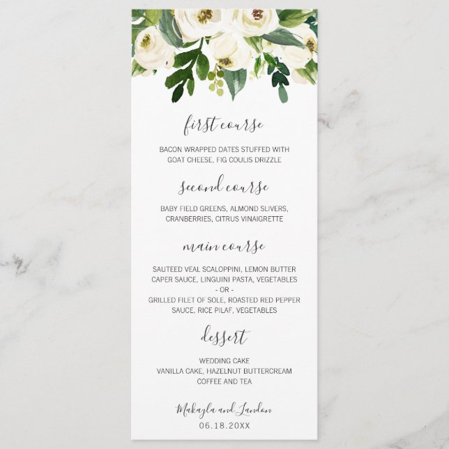 Menu Casamento Floral Branco Elegante de Watercolor Gre (Frente)