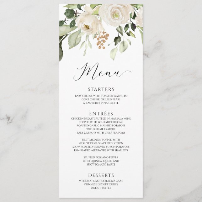Menu Casamento Floral Branco Elegante Folhagem Verde (Frente)