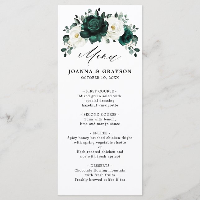 Menu Casamento Floral Branco Eucalyptus Emerald Greener (Frente)