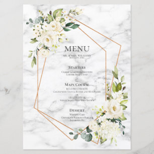 Menu Casamento Floral Branco Marble Geométrico de Cobr