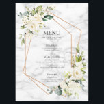 Menu Casamento Floral Branco Marble Geométrico de Cobre<br><div class="desc">Moderno e moderno,  este menu de casamento apresenta uma geometria de cobre falsa embelezada com arranjos florais florais brancos e eucaliptos verdes,  sobre uma textura falsa de mármore branco. Convidados Elegantes de Direitos Autorais. Todos os direitos reservados.</div>