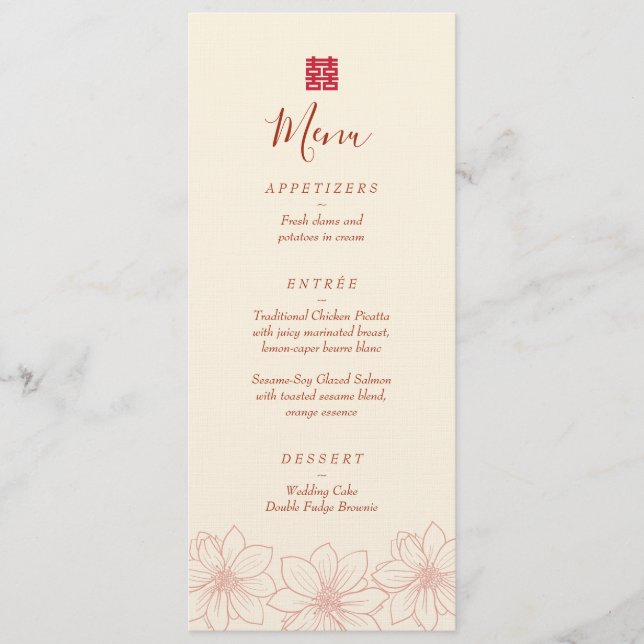 Menu Casamento floral chinês boho red e beige (Frente)