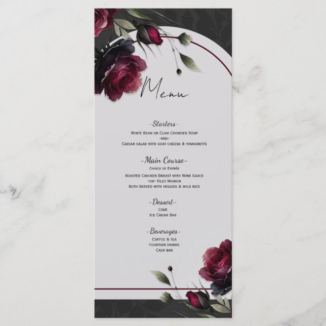 Menu Casamento Floral Cinza Sombrio Rosas Vermelhas de  (Frente)