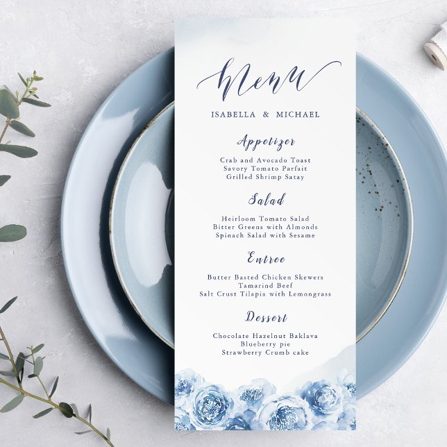 Menu Casamento floral com cor azul-d'água da caligrafia (Elegant calligraphy blue watercolor floral wedding menu)