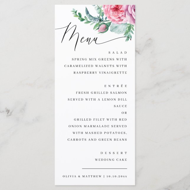 Menu Casamento floral com guião elegante de aquarela (Frente)