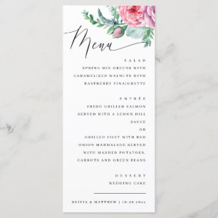 Menu Casamento floral com guião elegante de aquarela
