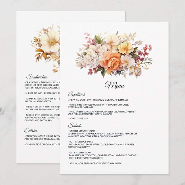 Menu Casamento Floral Cor de Champanhe (Frente/Verso)