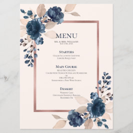 Menu Casamento Floral Cor-de-Rosa Azul, Dourada Marinho