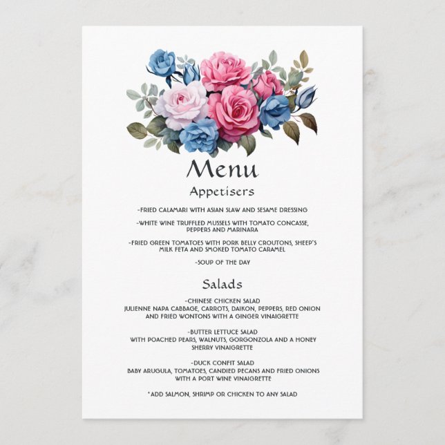 Menu Casamento Floral Cor-de-Rosa e Azul (Frente)
