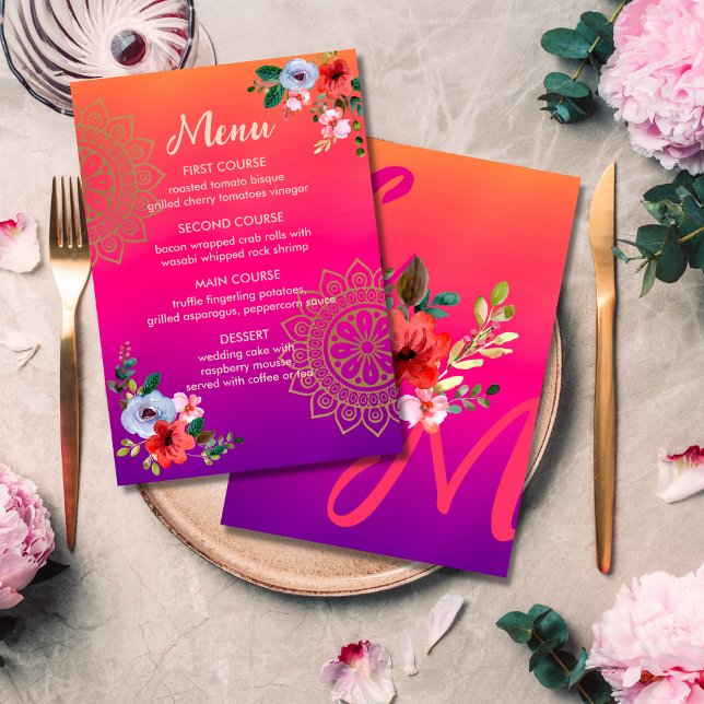 Menu Casamento Floral Cor-de-Rosa Laranja Brilhante Fuc (Criador carregado)