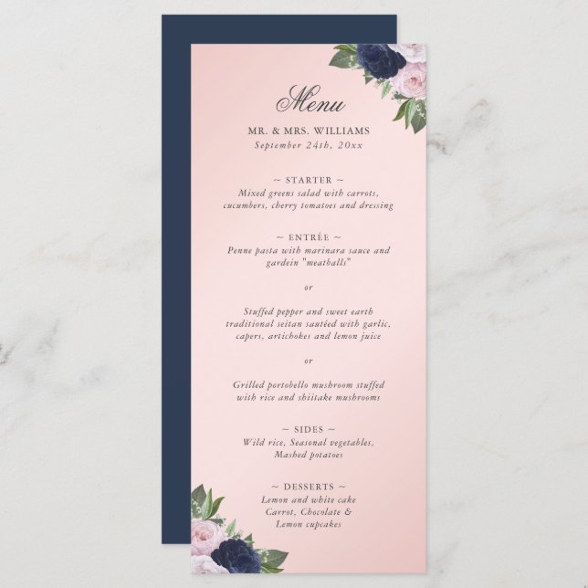 Menu Casamento Floral Cor-de-Rosa marinho Azul Esmagado (Frente/Verso)