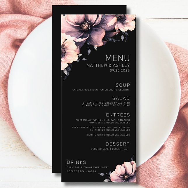 Menu Casamento Floral Cor-de-Rosa Negra Moderna (Unique Elegant Modern Floral Pink Black Wedding Menu)