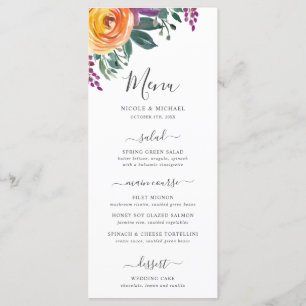 Menu Casamento floral da aguarela alaranjada roxa
