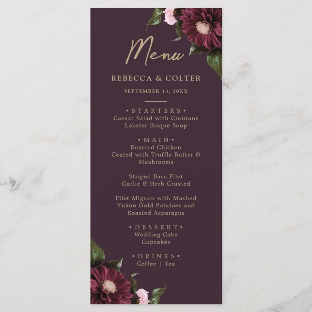 Menu Casamento Floral da Borgonha Púrpura Elegante (Frente)