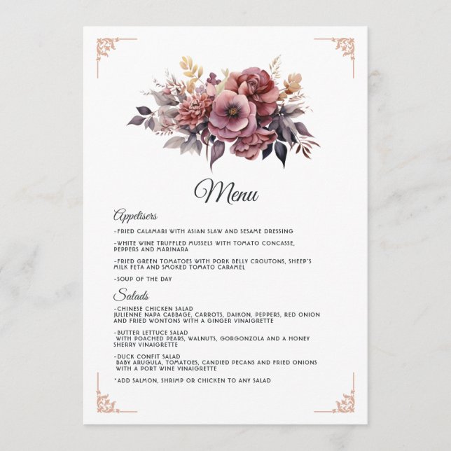 Menu Casamento Floral de ameixa, Cinza, Cobre e Rosa (Frente)