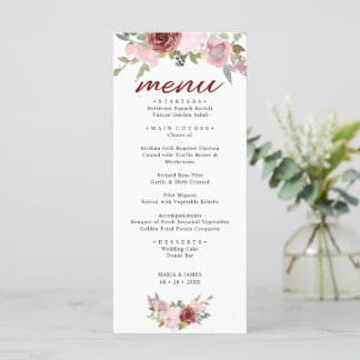 Menu Casamento Floral de Aquarela de Jardim de Verão
