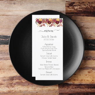 Menu Casamento Floral de Aquarela de outono Elegante