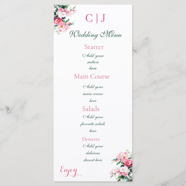 Menu Casamento Floral de Aquarela em Rosa Suave Peônia (Frente)
