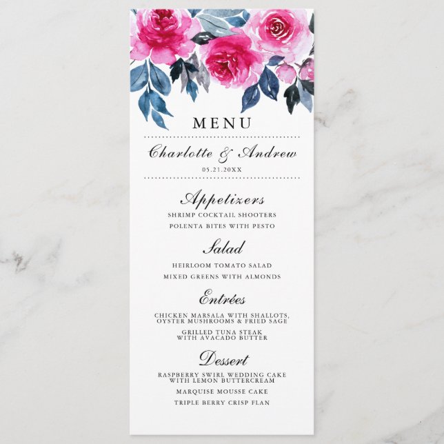 Menu Casamento Floral de Aquarela Rosa Elegante (Frente)