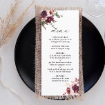 Menu Casamento Floral de Autumn Romance Watercolor<br><div class="desc">Este cardápio de casamento apresenta buquês de flores de aquarela de dahlias,  rosas de jardim,  e pedras em vermelho-burgundy,  marrom,  cor-de-rosa pincelada sobre as folhas do outono. Para uma personalização mais avançada deste design,  clique no BOTÃO FERRAMENTA DESIGN AZUL. Itens correspondentes também estão disponíveis.</div>