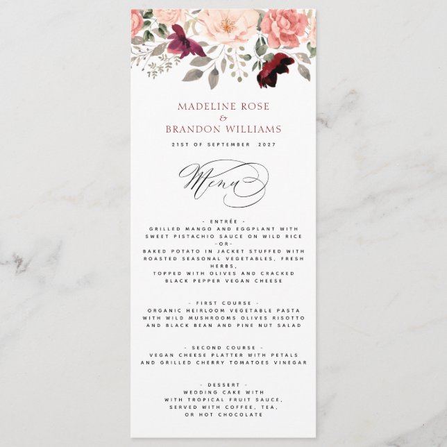 Menu Casamento Floral de Blush Burgundy Elegante (Frente)