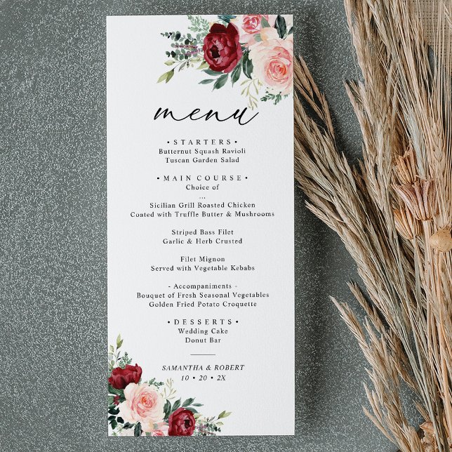 Menu Casamento Floral de Blush Burgundy Elegante (Criador carregado)