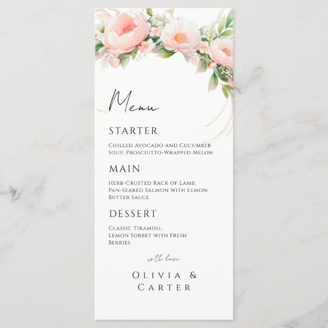 Menu Casamento Floral de Blush Watercolor (Frente)