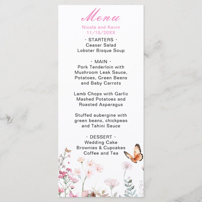 Menu Casamento Floral de Borboleta Rosa Profundo de Pri (Frente)