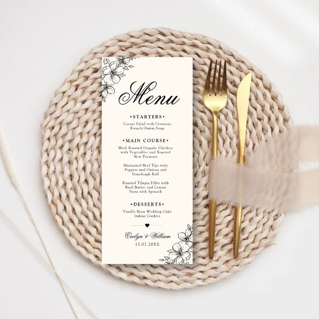 Menu Casamento Floral de Caligrafia Moderna Elegante (Elegant floral wedding menu with modern calligraphy and timeless elegance.)