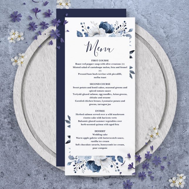 Menu Casamento Floral de Campo Elegante Azul-marinho (Navy Blue Elegant Country Floral Wedding Menu)