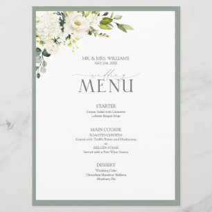 Menu Casamento Floral de Cinza Verde de Cor Branca Eleg