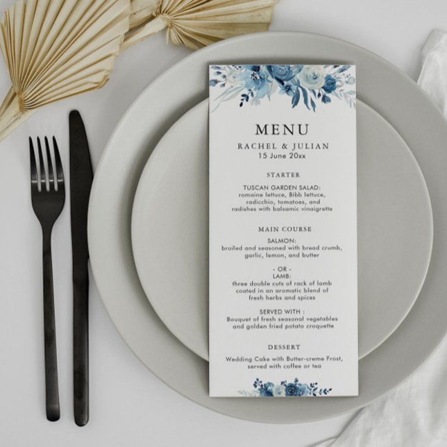 Menu Casamento floral de cor aquosa azul (Criador carregado)