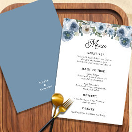 Menu Casamento Floral de Cor Azul Mínimo Dusty