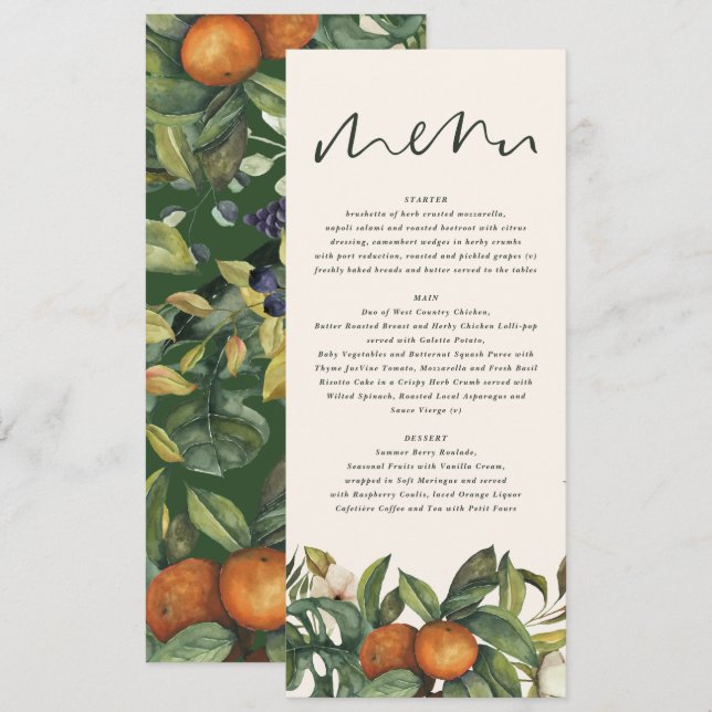 Menu Casamento floral de cor botânica dos citrinos de l (Frente/Verso)