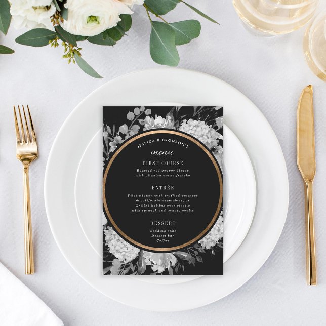 Menu Casamento Floral de Cor Branca e Negra Moderna (Criador carregado)