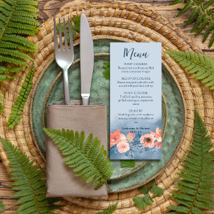 Menu Casamento Floral de Cor de Água Rosa e Azul Dusty