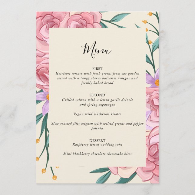 Menu Casamento Floral de Cor de Água Rosa-Rosa Elegante (Frente)