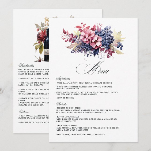 Menu Casamento Floral de Degustação de Vinho Tinto Borg (Frente/Verso)