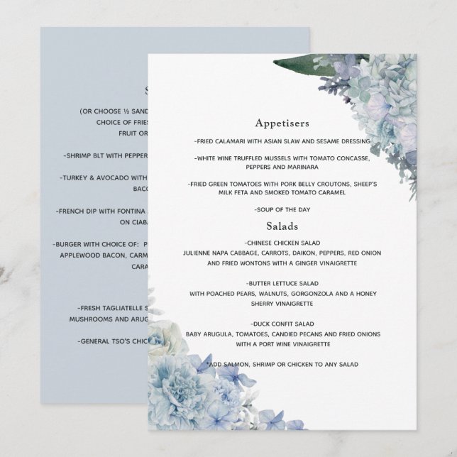 Menu Casamento floral de Dusty Blue Watercolor (Frente/Verso)