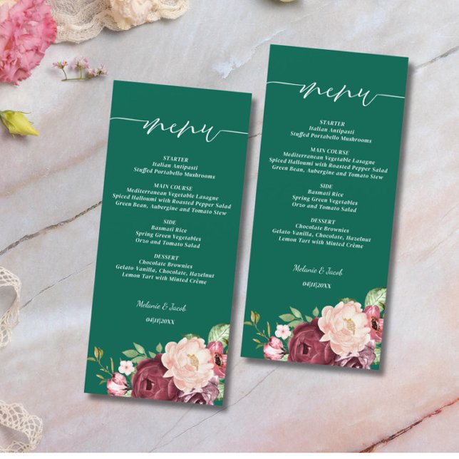 Menu Casamento Floral de Emerald Green Burgundy (Criador carregado)