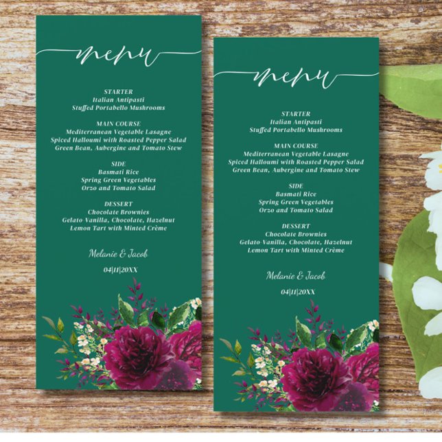 Menu Casamento Floral de Emerald Green Burgundy (Criador carregado)