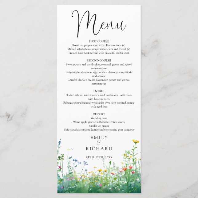 Menu Casamento Floral de Flores Silvestres em Aquarela (Frente)