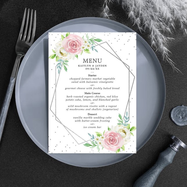Menu Casamento Floral de Folha de Silver Geométrica Chi (Criador carregado)