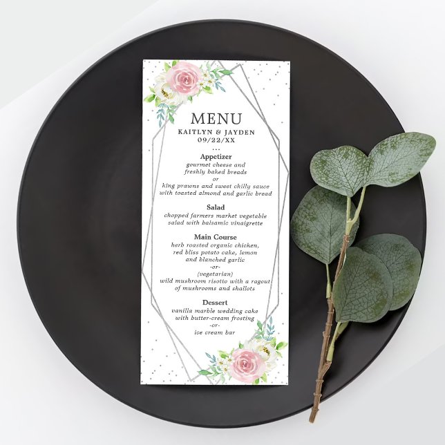 Menu Casamento Floral de Folha de Silver Geométrica Chi (Criador carregado)