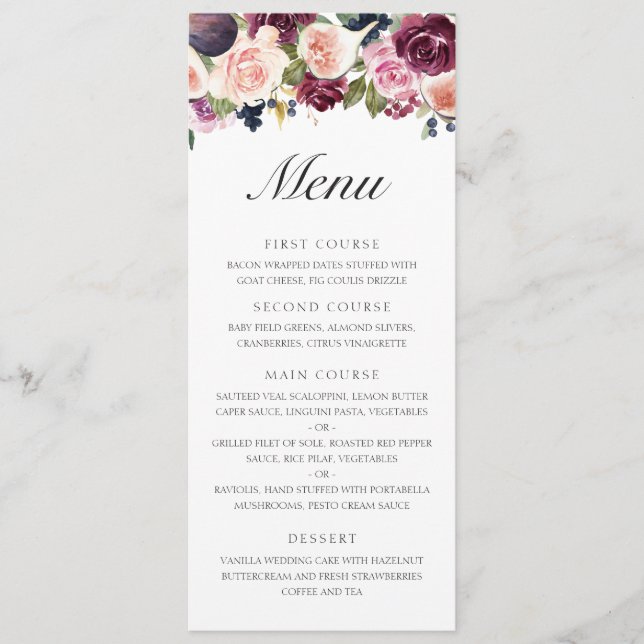 Menu Casamento Floral de Frutas Roxas Elegantes de Outo (Frente)