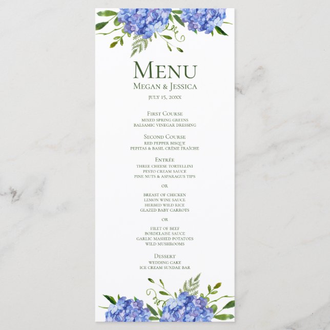 Menu Casamento Floral de Hydrangeas Azuis LGBTQ (Frente)
