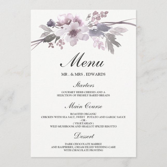 Menu Casamento Floral de Inverno Roxo Cinza Elegante (Frente)