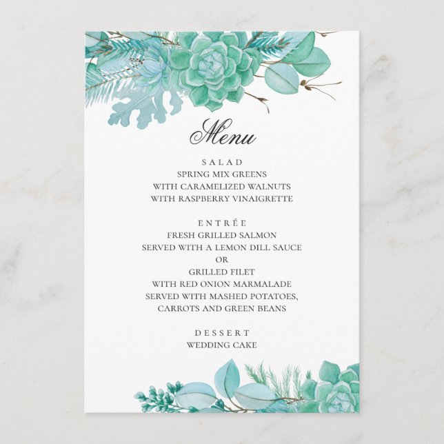 Menu Casamento floral de inverno. Sucultivos de aquarel (Frente)